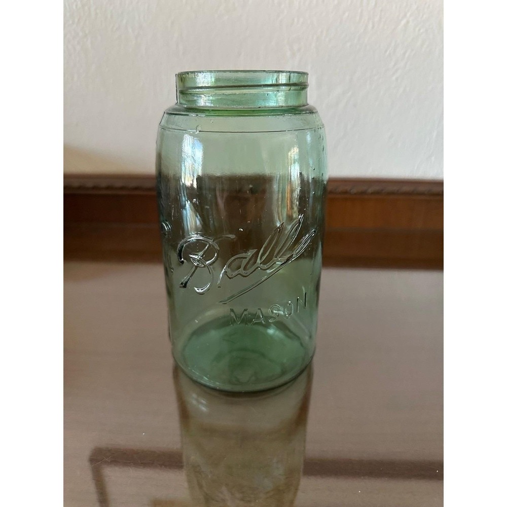Ball Mason Jar Aqua Green Glass Quart Size Embossed Script Logo 1900-1910